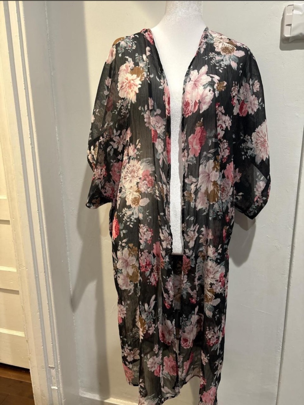 Dizzy Black Sheer Floral Kimono Robe with Pink & Cream Blooms